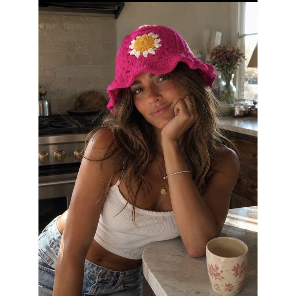 Handmade Crochet Granny Square Bucket Hat Pink Yellow Floral Boho Festival Retro